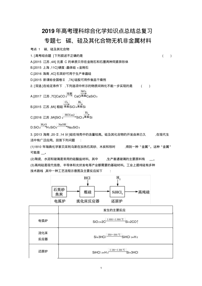 2019年高考理科综合化学知识点总结总复习专题七碳、硅及其化合物无机非金属材料.pdf_第1页