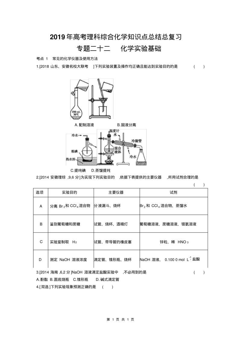 2019年高考理科综合化学知识点总结总复习专题二十二化学实验基础.pdf_第1页