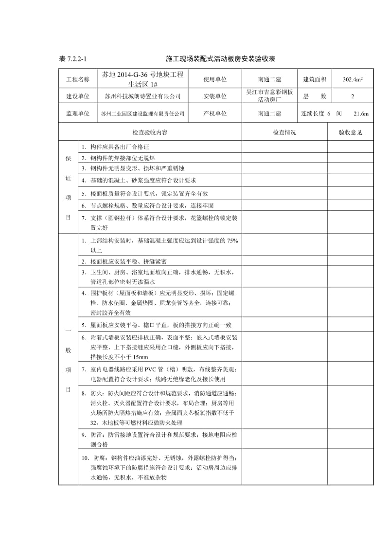 表7.2.2-1 施工现场装配式活动板房安装验收表.doc_第1页