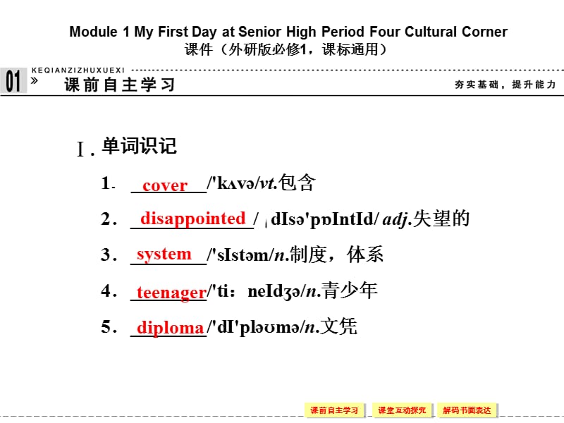 Module1MyFirstDayatSeniorHighPeriodFourCulturalCorner课件(外研版必修1,课标通用).ppt_第1页