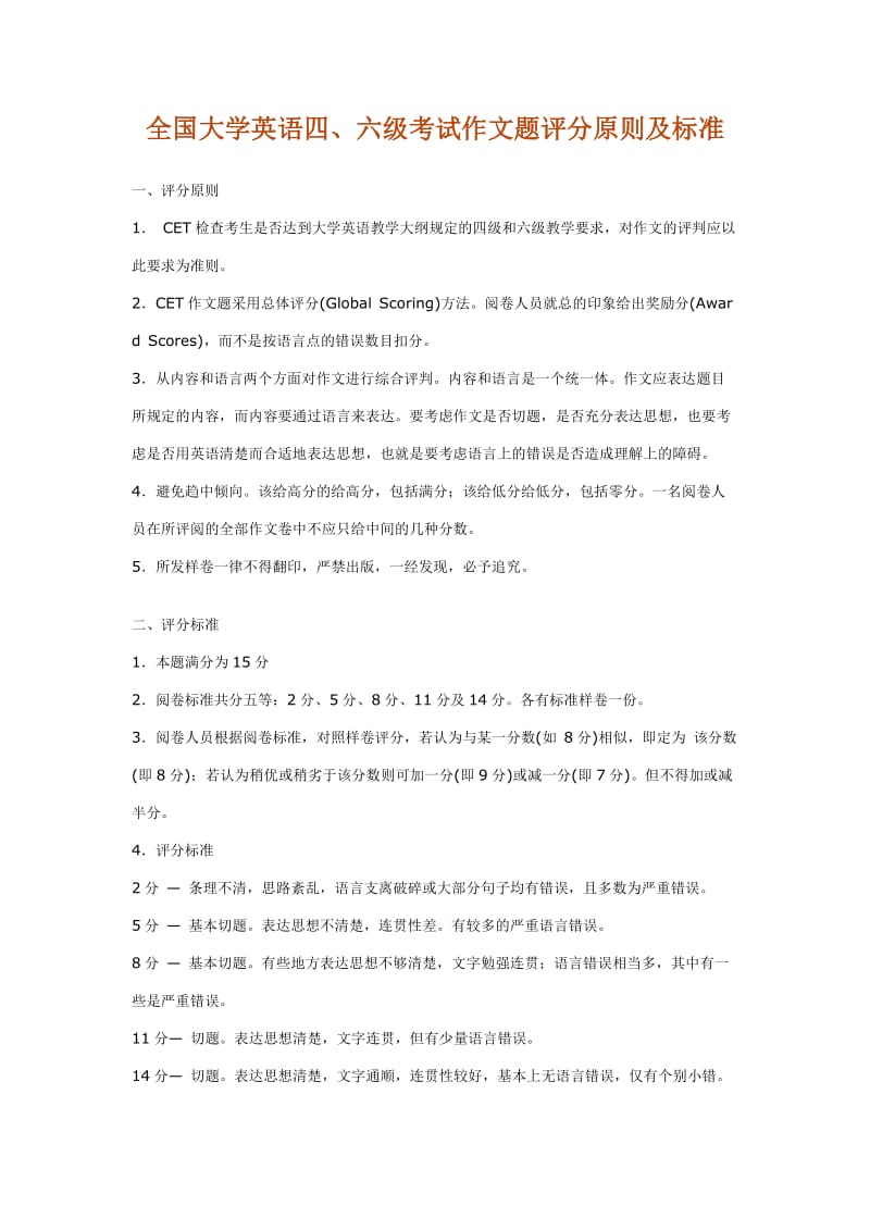 大学英语4级作文翻译评三分标准.doc_第1页