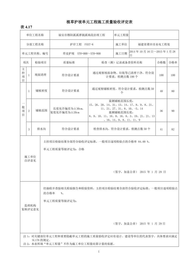 草皮护坡2013最新水利水电工程施工质量评定表样表.doc_第1页