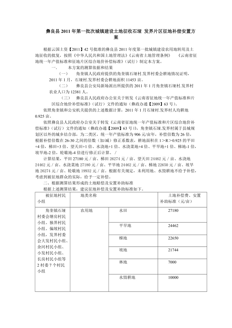 彝良县2011年第一批次城镇建设土地征收石垭 发界片区征地补偿安置方案.doc_第1页