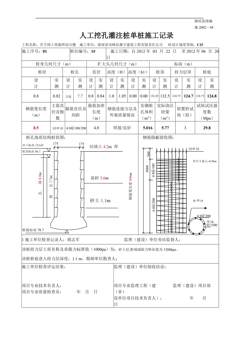 人工挖孔灌注桩单桩施工记录.doc_第1页