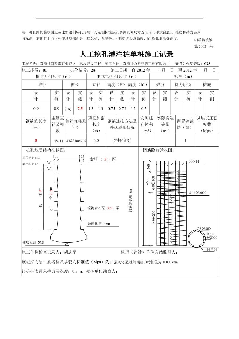 人工挖孔灌注桩单桩施工记录.doc_第2页