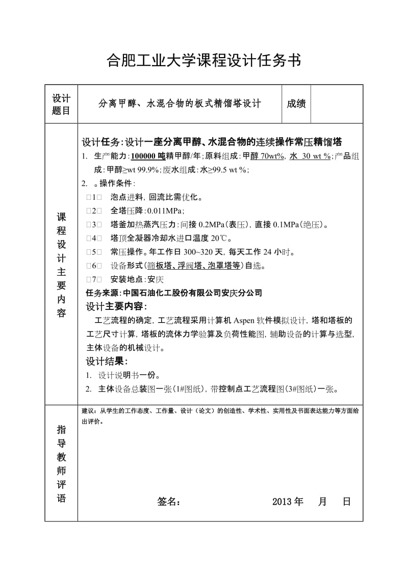 分离甲醇、水混合物的板式精馏塔设计化工原理课程设计.doc_第2页