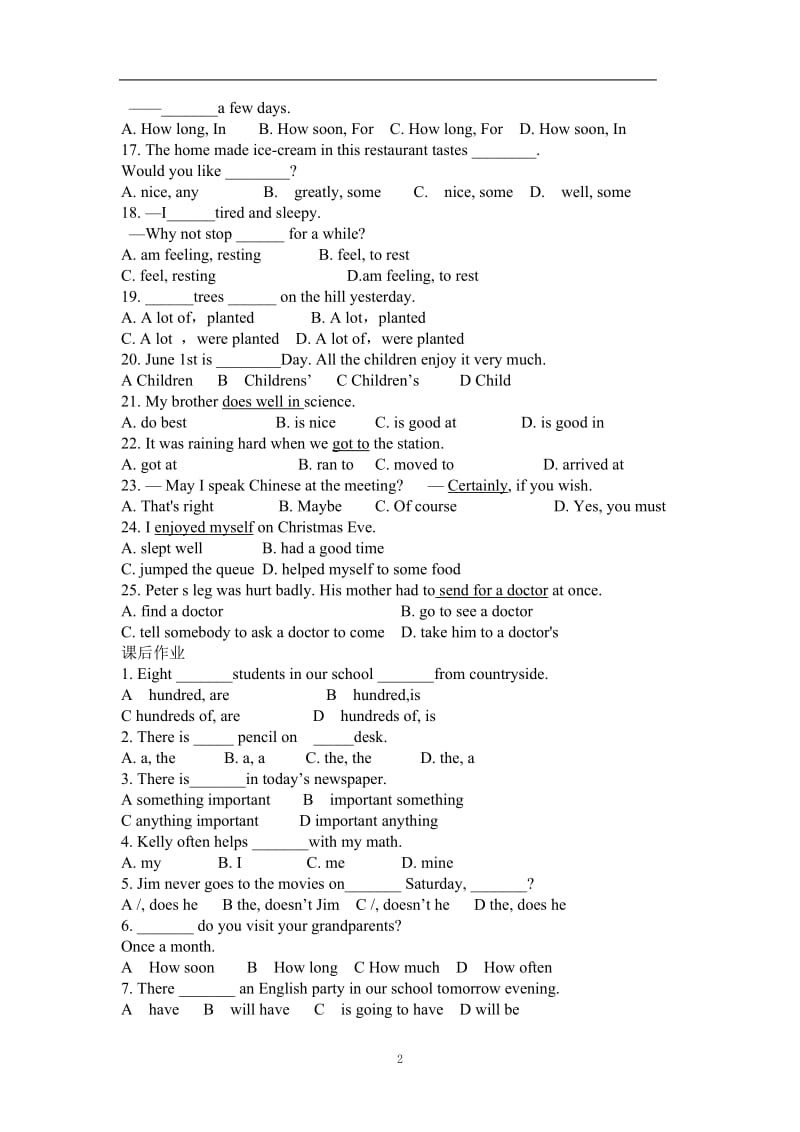 初三英语单项选择复习题目五套.doc_第2页