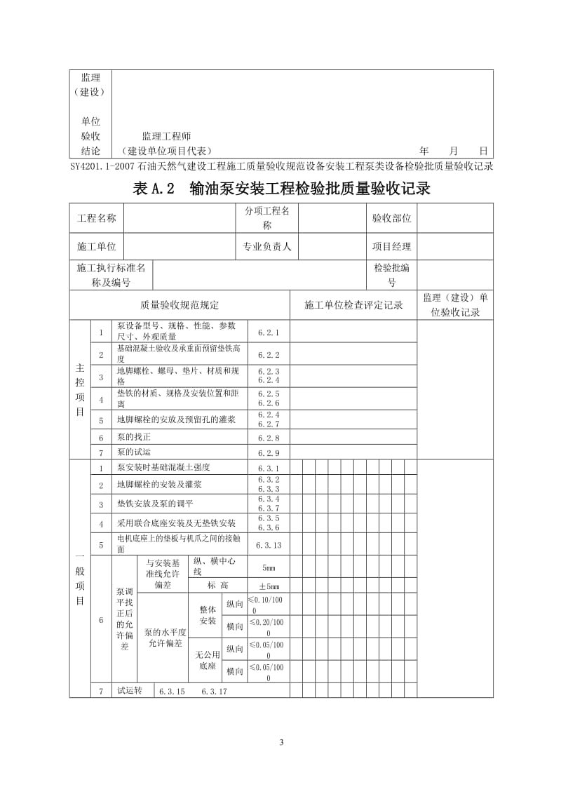 SY4201.1-2016石油天然气建设工程施工质量验收规范设备安装工程第1部分：机泵类设备检验批质量验收记录表格【精选】.doc_第3页