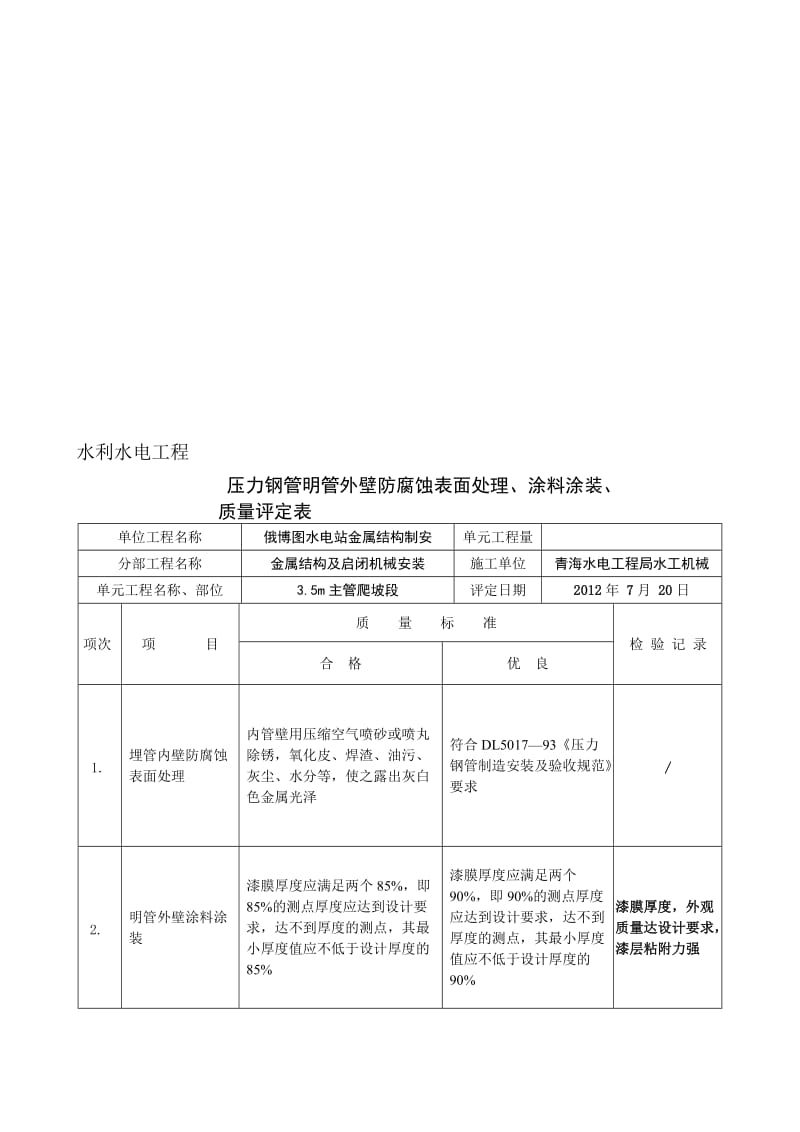 [精华]压力钢管埋管内壁防腐化外面处理、涂料涂装、灌浆孔堵焊质量评定表.doc_第1页