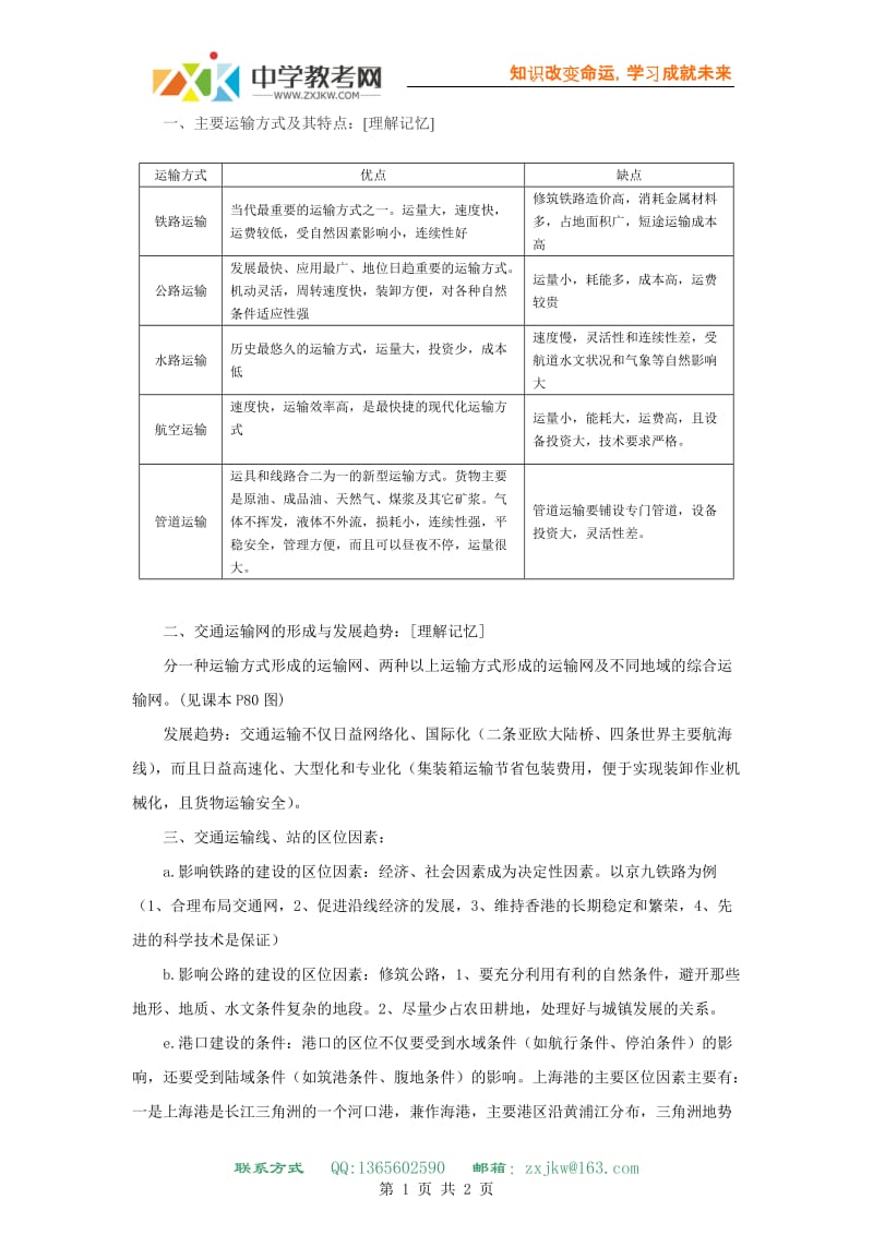 地理交通运输布局及其影响知识点分析素材.doc_第1页