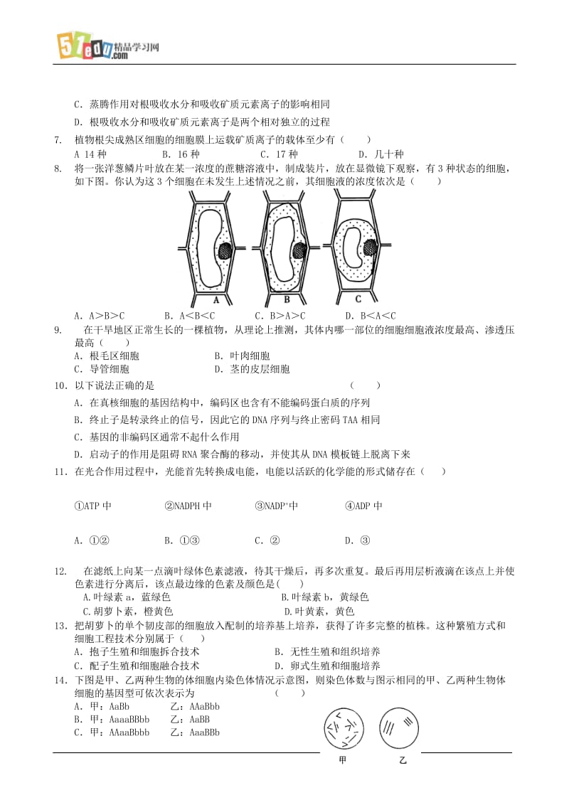 湖北省黄冈麻城一中2009届高三综合训练二生物试题.doc_第2页