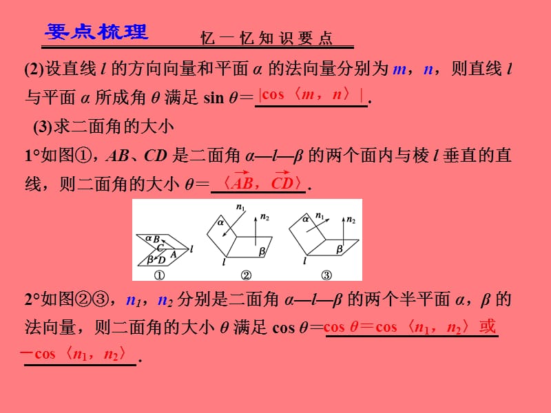 2013届高考数学一轮复习讲义：8.7立体几何中的向量方法(Ⅱ)求空间角与距离.ppt_第3页