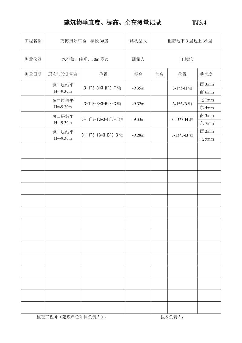 (3#)建筑物垂直度、标高、全高测量记录 TJ3.doc_第1页