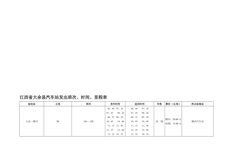 江西省大余县汽车站发出班次时间里程表.doc_第1页