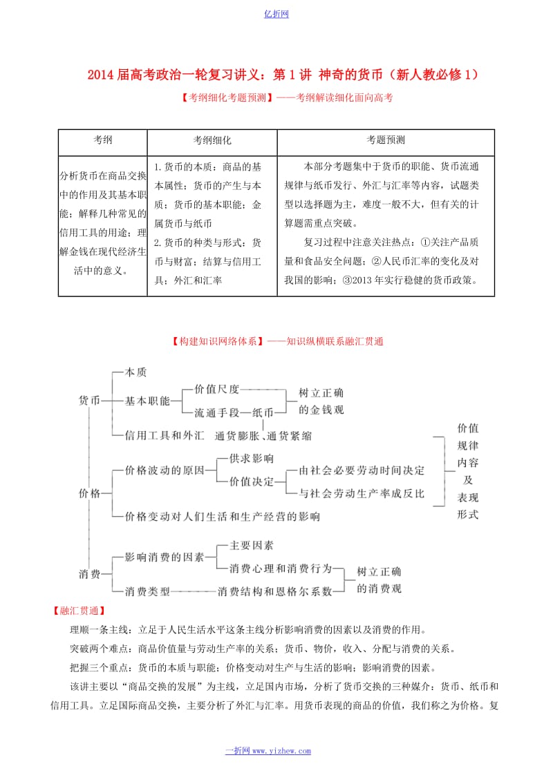 2014届高考政治一轮复习讲义：第1讲 神奇的货币(新人教必修1).doc_第1页