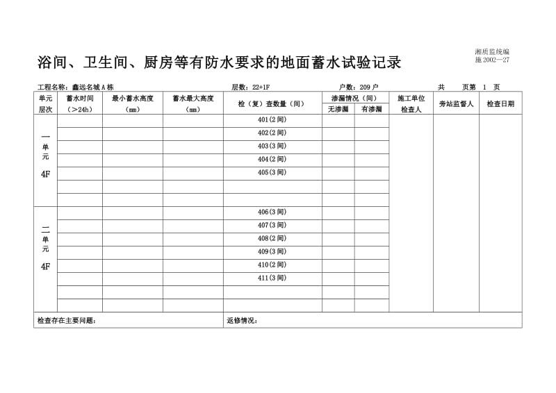 浴间、卫生间、厨房等有防水要求的地面蓄水试验记录.doc_第1页