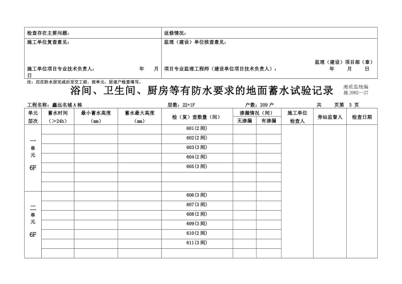 浴间、卫生间、厨房等有防水要求的地面蓄水试验记录.doc_第3页