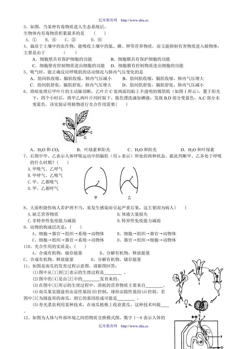 2010届九年级生物中考综合训练题7套和湖北省黄冈市2008年生物中考试题(无答案).doc_第3页