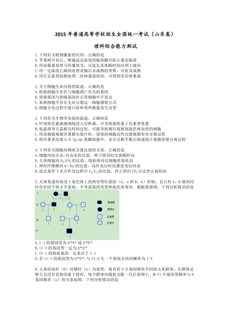 2015年普通高等学校招生全国统一考试理科综合(山东卷) (2).doc_第1页