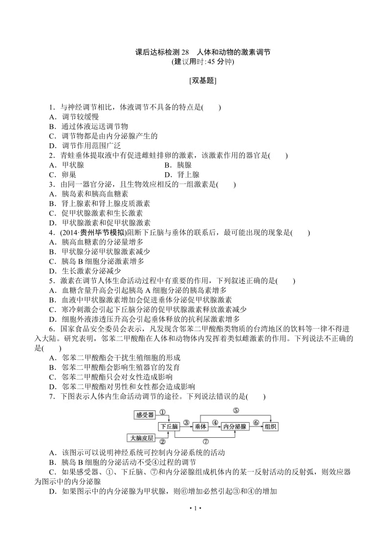 2015届《优化方案》高考生物(苏教版)一轮课后达标检测28 人体和动物的激素调节.doc_第1页