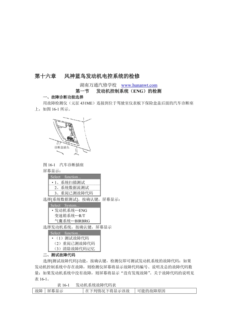 湖南万通汽修学校，国产轿车发动机电控系统检修图册第16章风神蓝鸟风神蓝鸟.doc_第1页