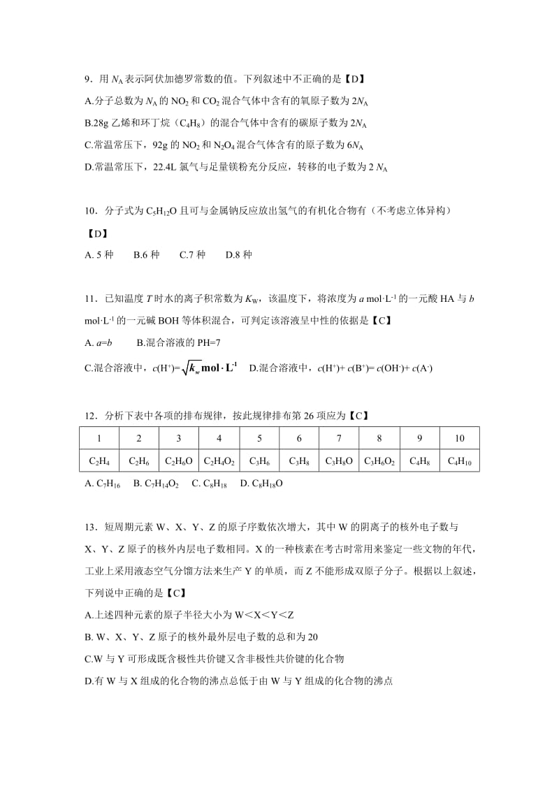 2012年各地高考化学卷全国 京 苏 皖 粤 鲁 沪 川 琼 渝 津 闽 浙13套真题及答案汇编.doc_第2页