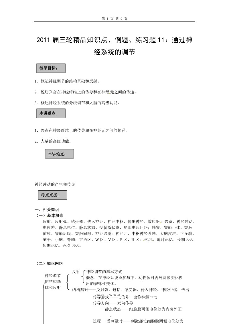 2011届三轮精品知识点、例题、练习题11：通过神经系统的调节.doc_第1页