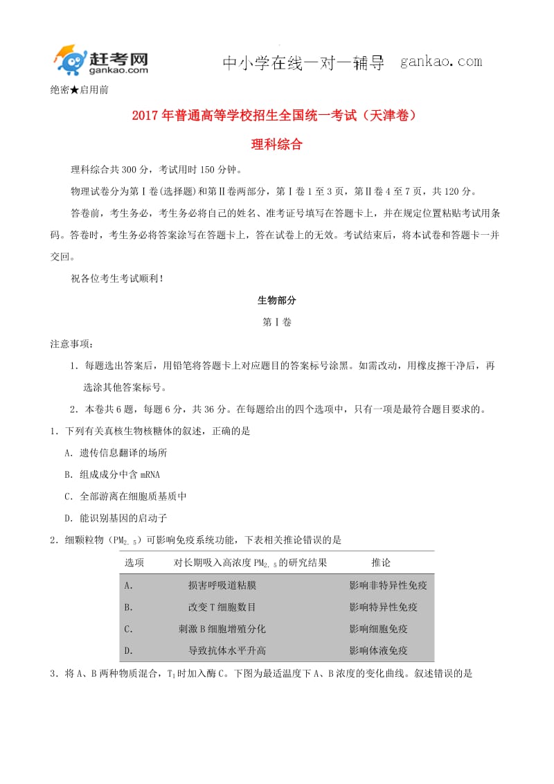 2017年普通高等学校招生全国统一考试理综(生物部分)试题(天津卷,含答案).doc_第1页