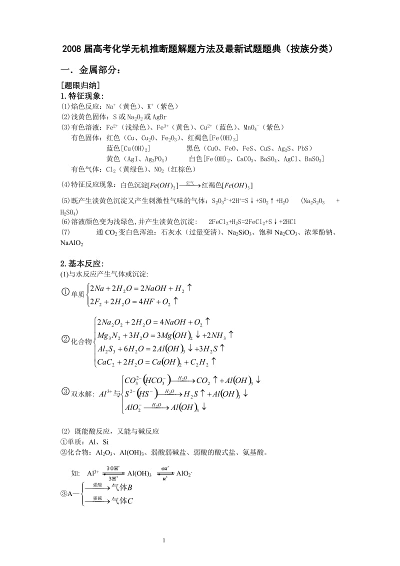 2009届高考化学无机推断题解题方法及最新试题题典(按族分类).doc_第1页