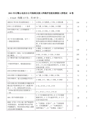 2011年石嘴山电信分公司装维及接入网维护技能竞赛接入类笔试 B卷.doc