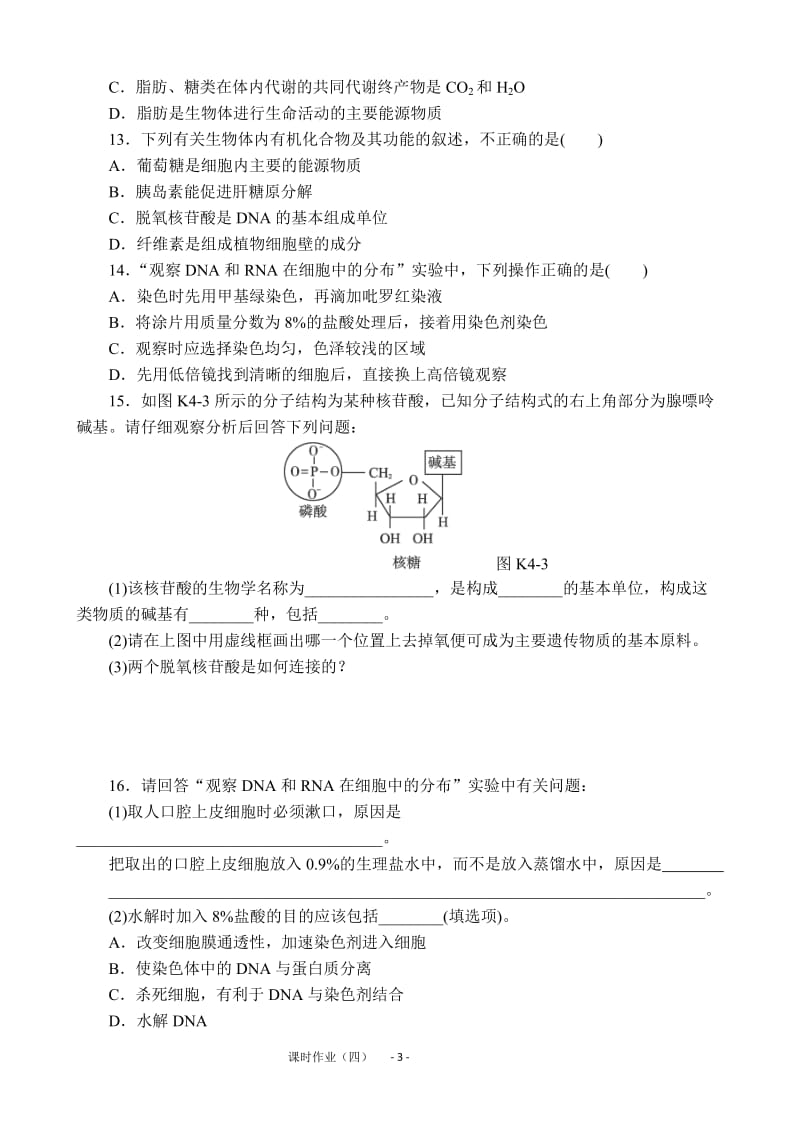 2013届高三人教版生物一轮复习课时作业(4)第4讲 细胞中的核酸、糖类和脂质.doc_第3页