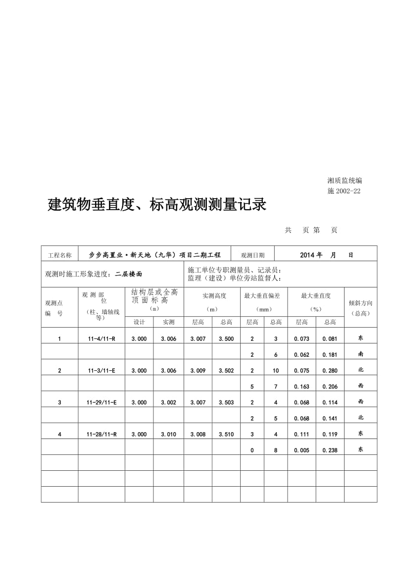 [中学]11 西单元建筑物垂直度、标高观测测量记录.doc_第1页