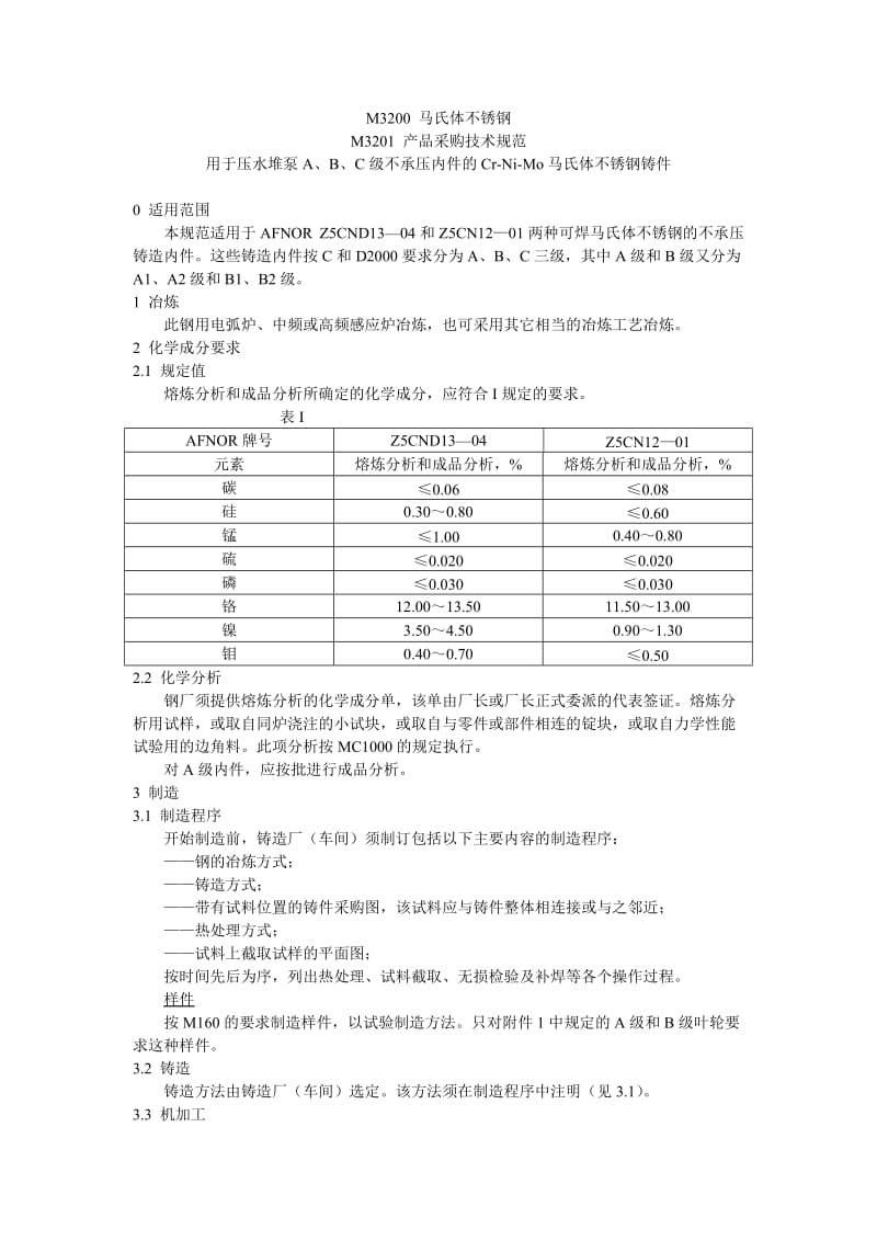 M3200 马氏体不锈钢 M3201 用于压水堆泵A、B、C级不承压的Cr-Ni-Mo马氏体不锈钢铸件.doc_第1页