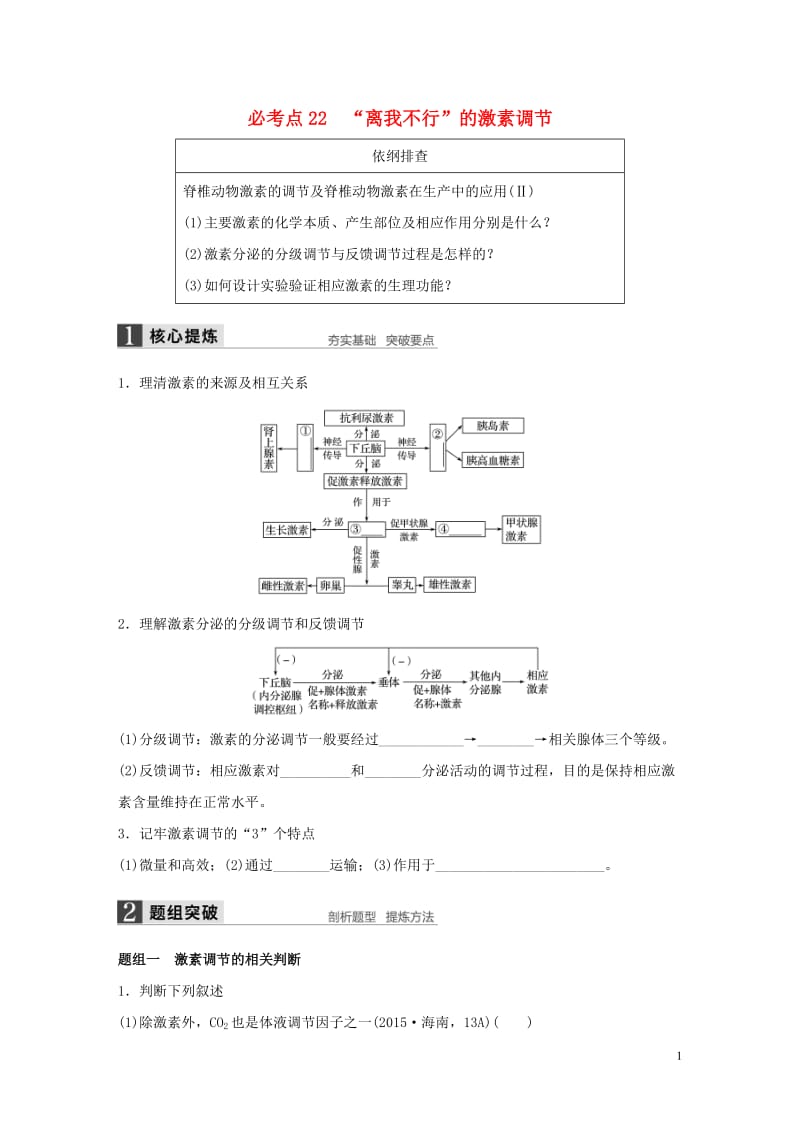 【步步高】2016版高考生物大二轮总复习 增分策略 专题八22“离我不行”的激素调节试题.doc_第1页