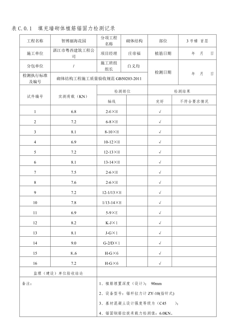 [最新]填充墙砌体植筋锚固力检测记录.doc_第1页