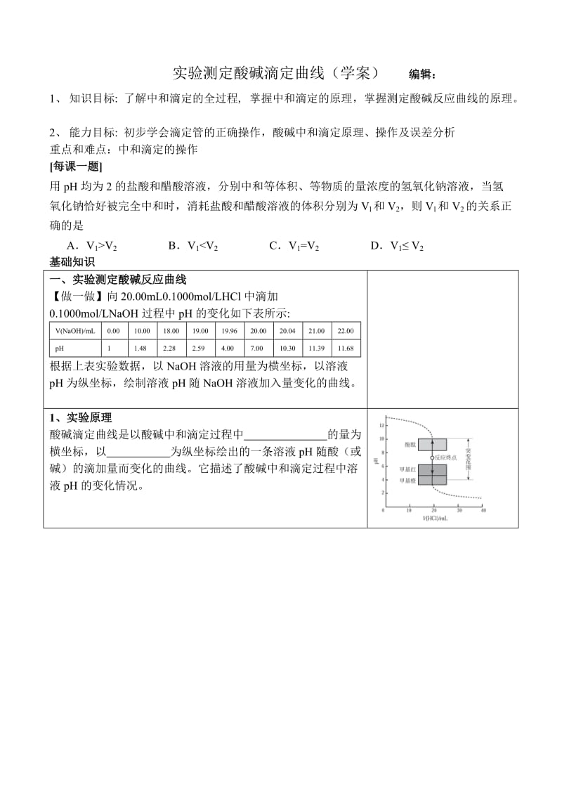 高二化学---2007-2008学年度第一学期实验测定酸碱滴定曲线.doc_第1页