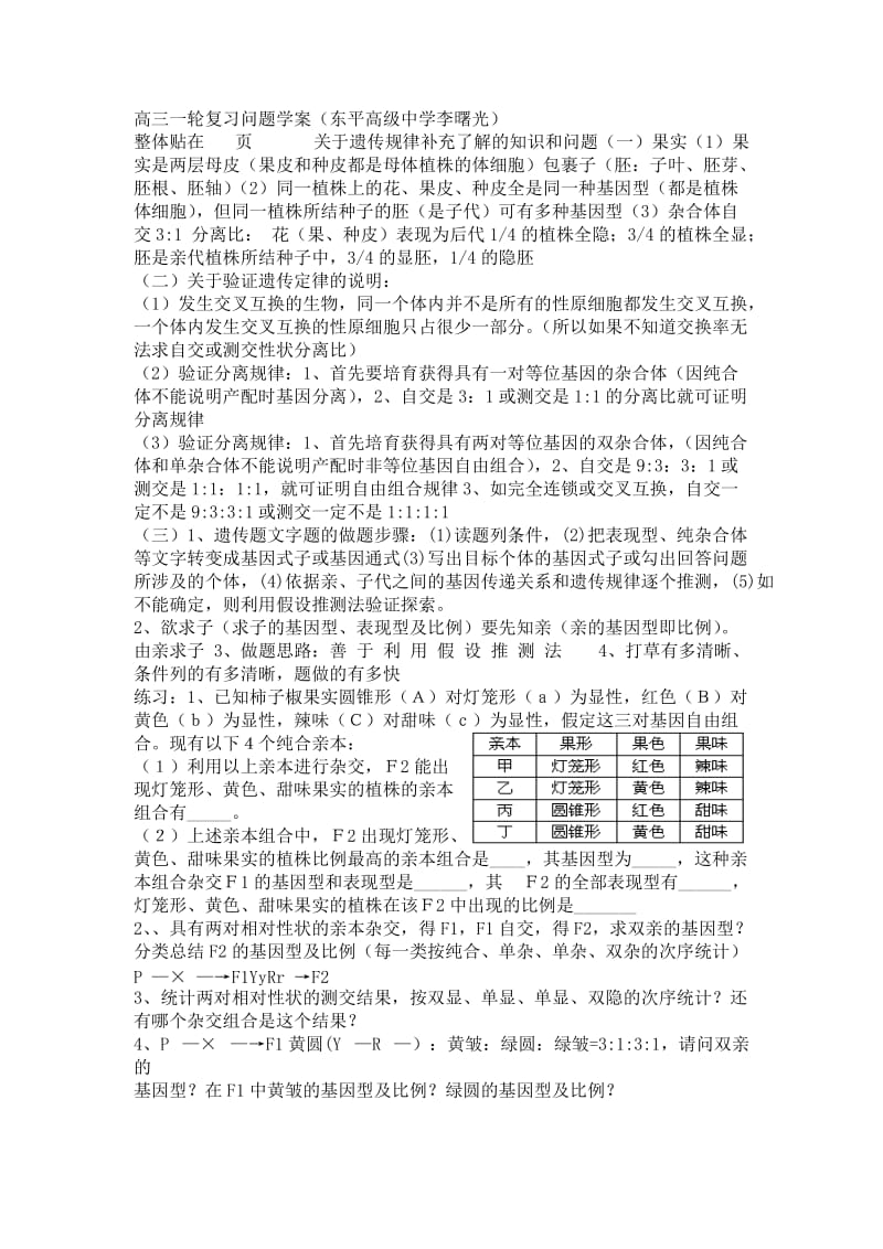 高三一轮复习问题学案(东平高级中学李曙光)基因在染色体上和伴性遗传复习学案Microsoft Word 文档 (5).doc_第1页