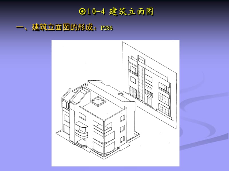 [精品]10-4 建筑立面图一、建筑立面图的形成：P286.ppt_第1页