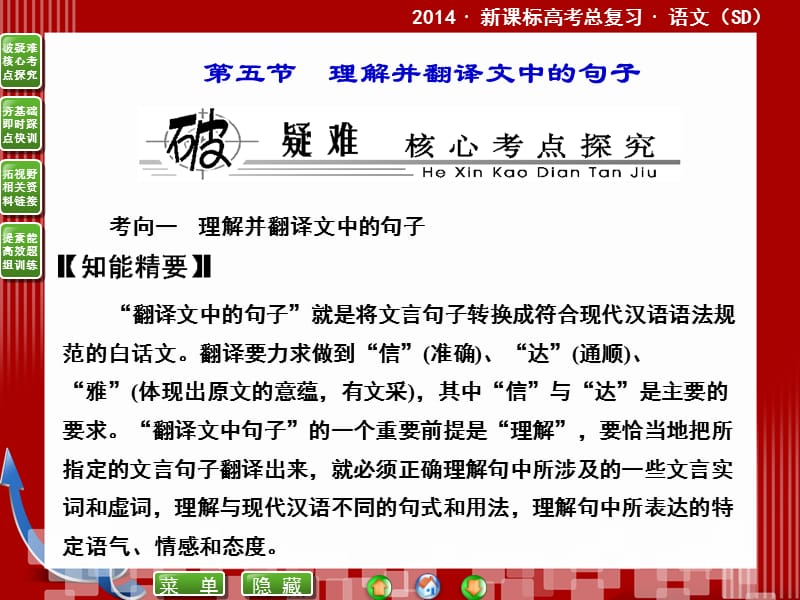 20192014届高考语文二轮复习课件(教师)：10.5理解并翻译文中的句子.ppt_第1页