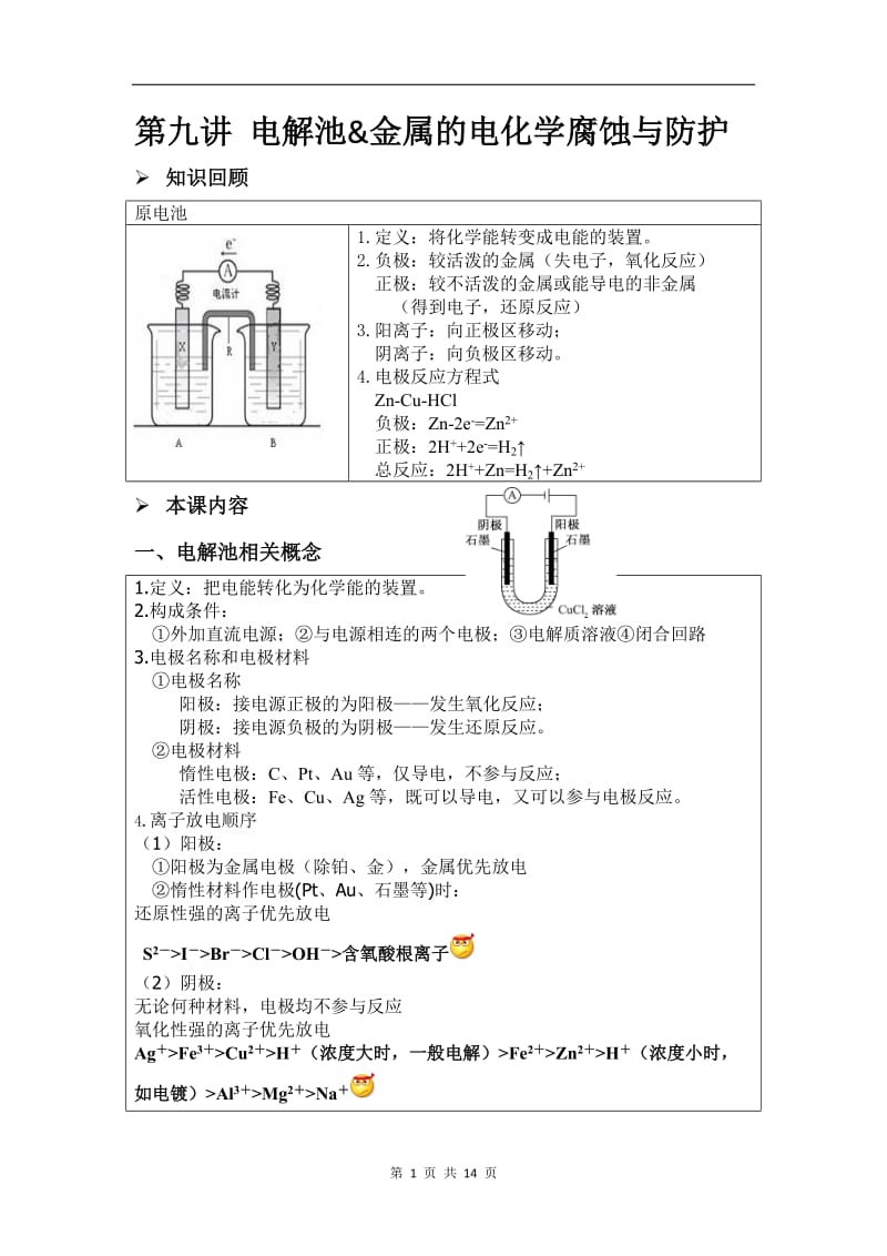 第九讲 电解池&amp金属的电化学腐蚀与防护 2013.12.27.doc_第1页