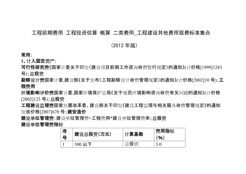 工程前期费用工程投资估算概算二类费用工程建设其他费用取费标准集合与自动计算器2012年版.doc_第1页