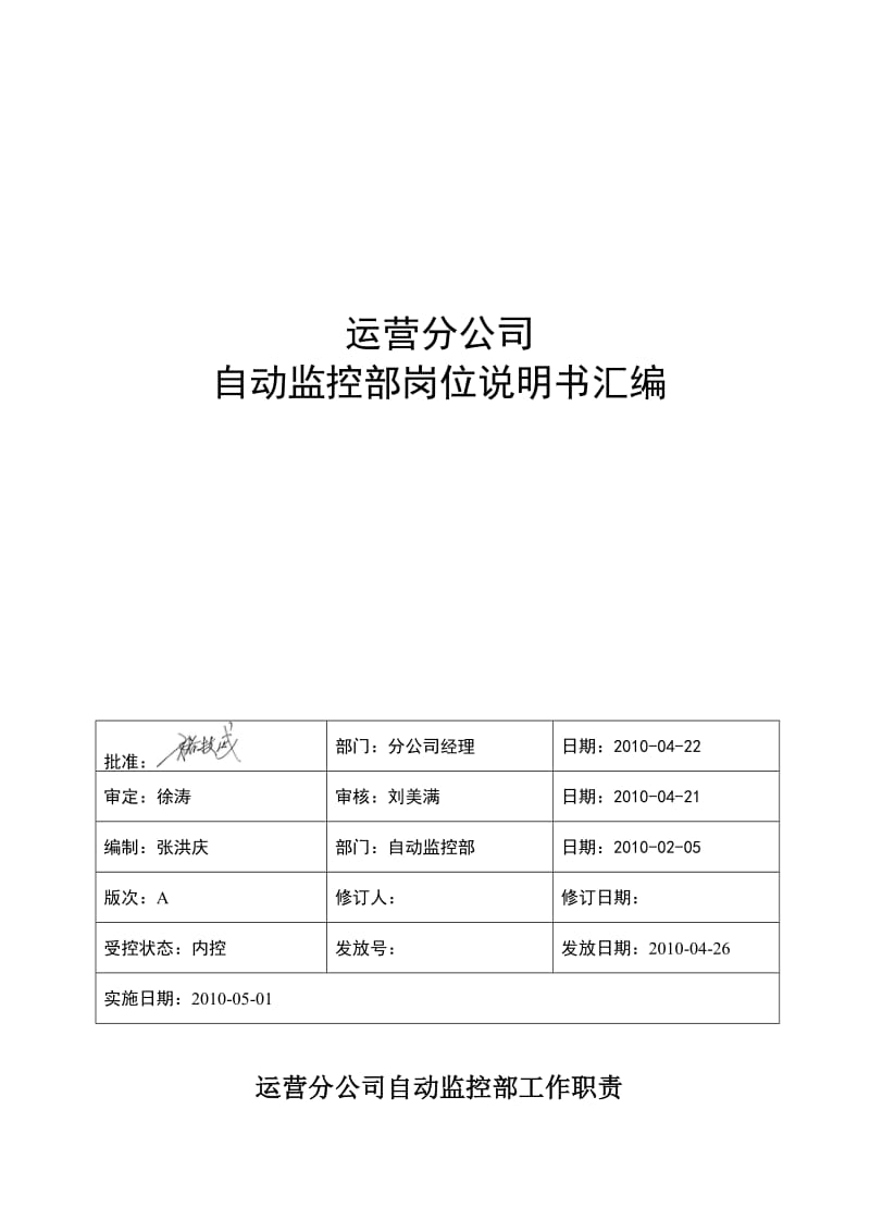 2019地铁集团有限公司运营分公司自动监控部工作职责(1).doc_第1页