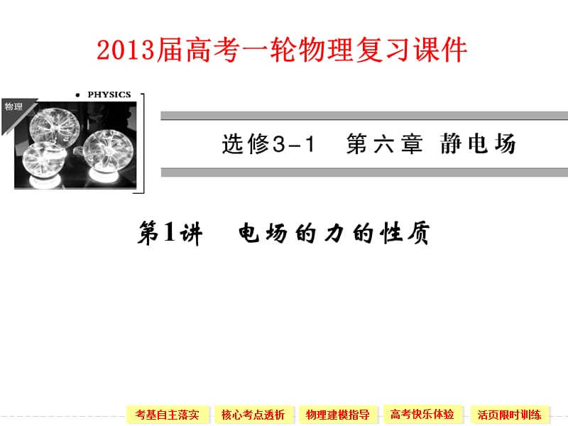 20192013届高考一轮物理复习课件选修3-1静电场第一节第1讲电场的力的性质(教科版).ppt_第1页