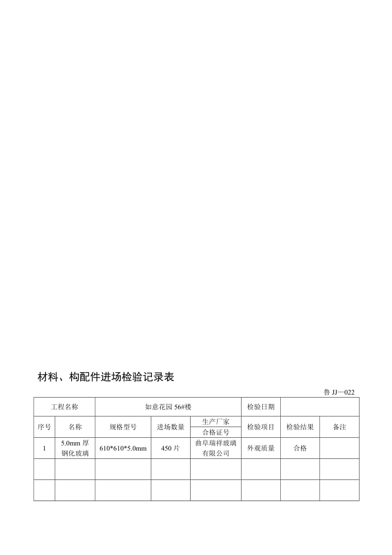 2019鲁JJ-022材料、构配件进场检验记录表.doc_第1页