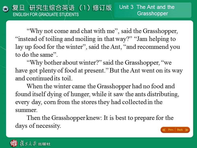 2019年复旦研究生综合英语(1)修订版unit3theantandthegrasshopper.ppt_第3页