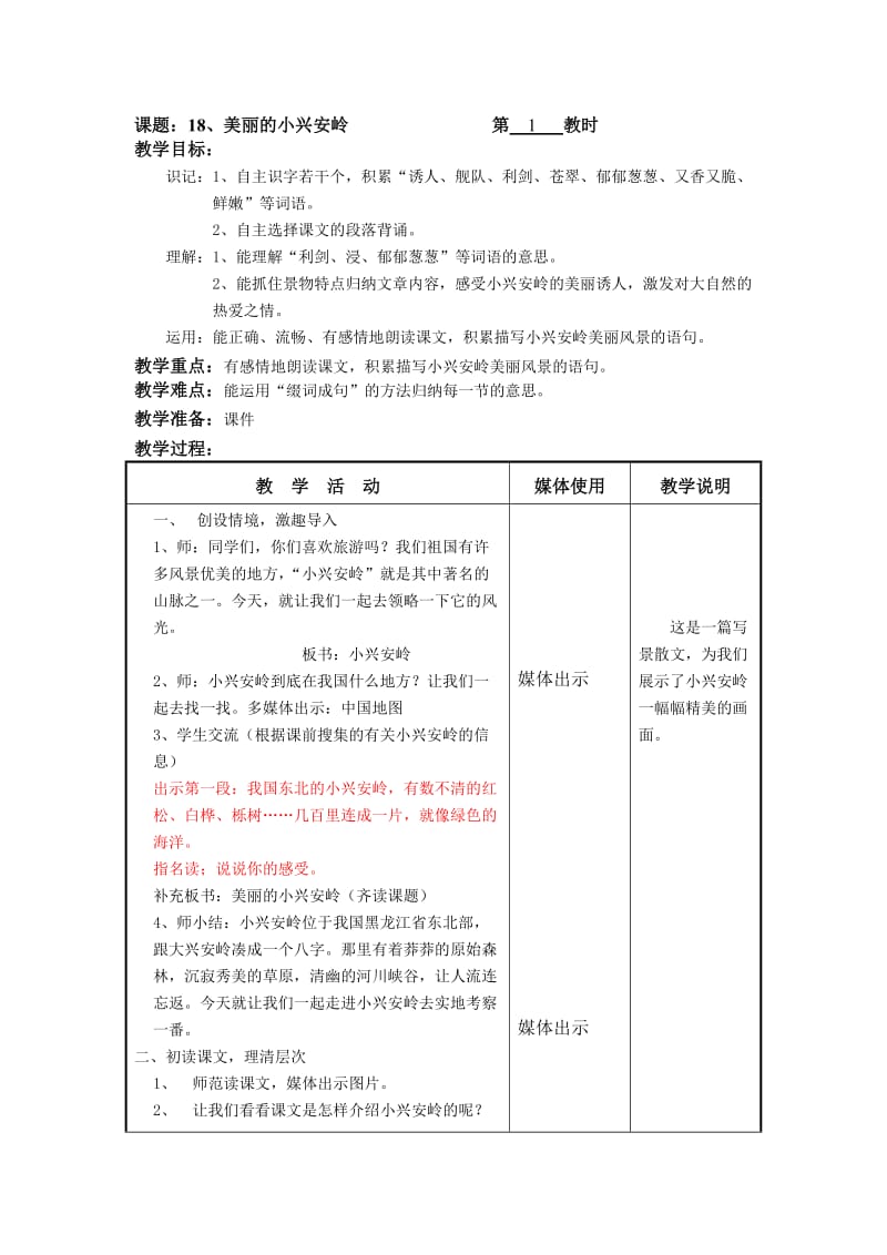 逸小沈秀红美丽的小兴安岭教学设计.doc_第1页