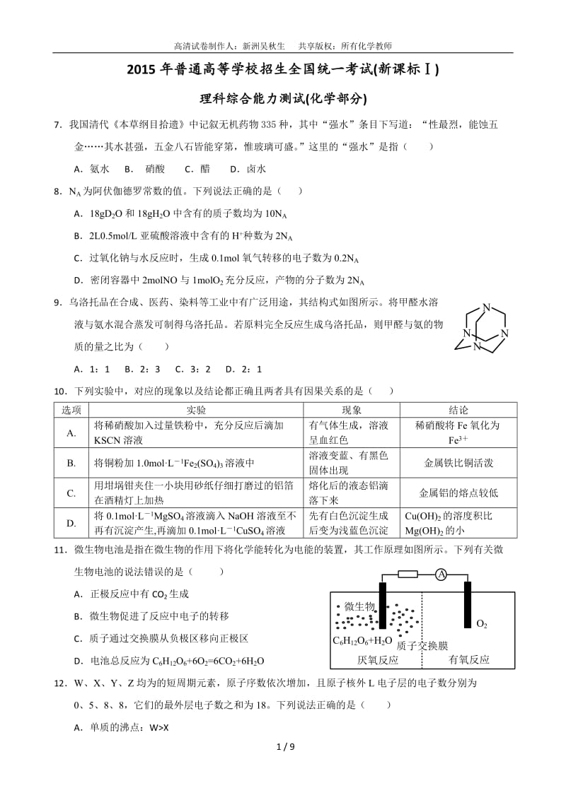 2015年高考化学部分高清卷(新课标Ⅰ).doc_第1页