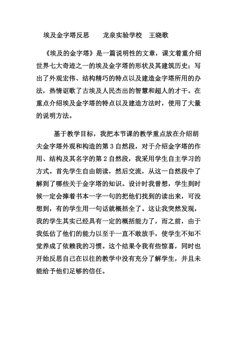 埃及金字塔反思龙泉实验学校王晓歌.doc_第1页