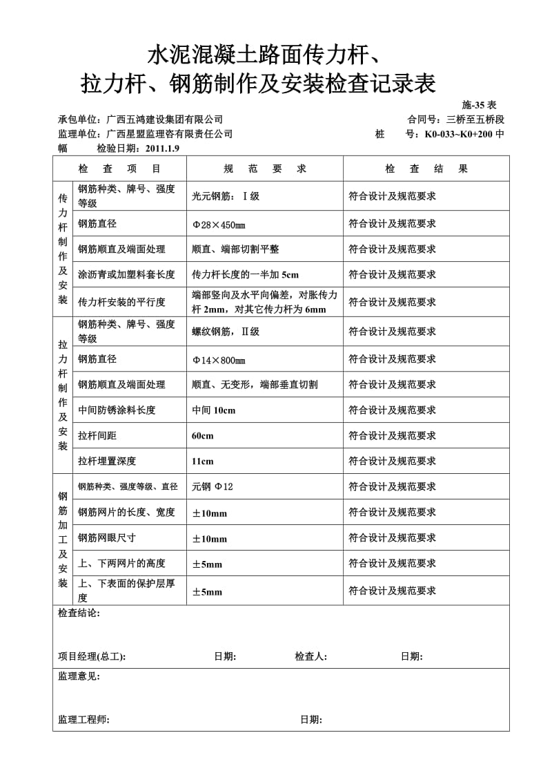 uc施-35水泥混凝土路面传力杆、拉杆、钢筋制作及安装检查记录表.doc_第1页