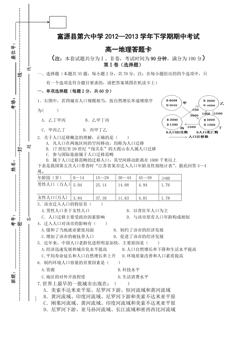 富源县第六中学邹代花高一下学期期中考试试卷.doc_第1页